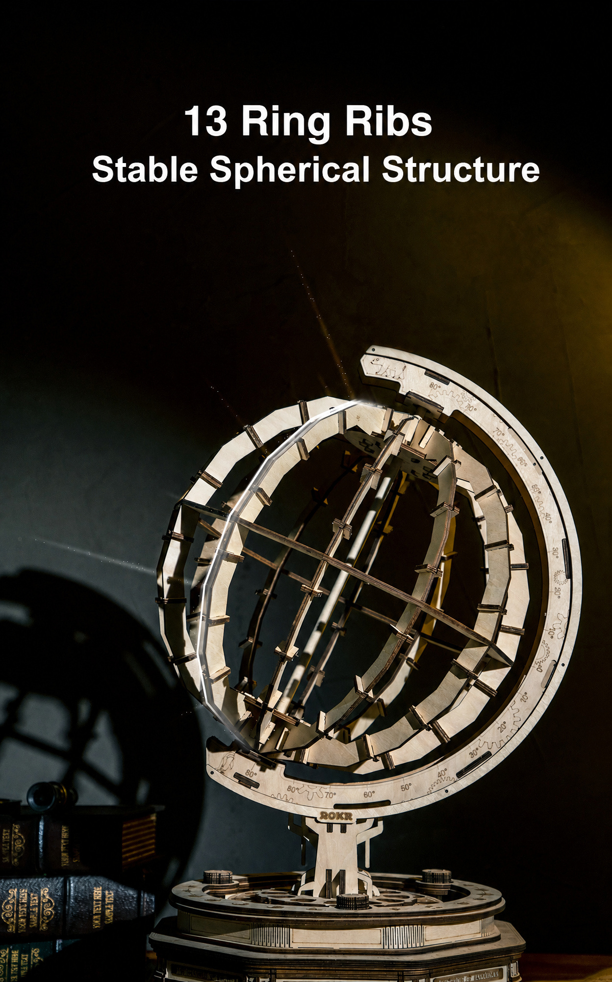 ROKR The Globe ST002 13 ring rib spherical structure detail for the wooden globe frame.