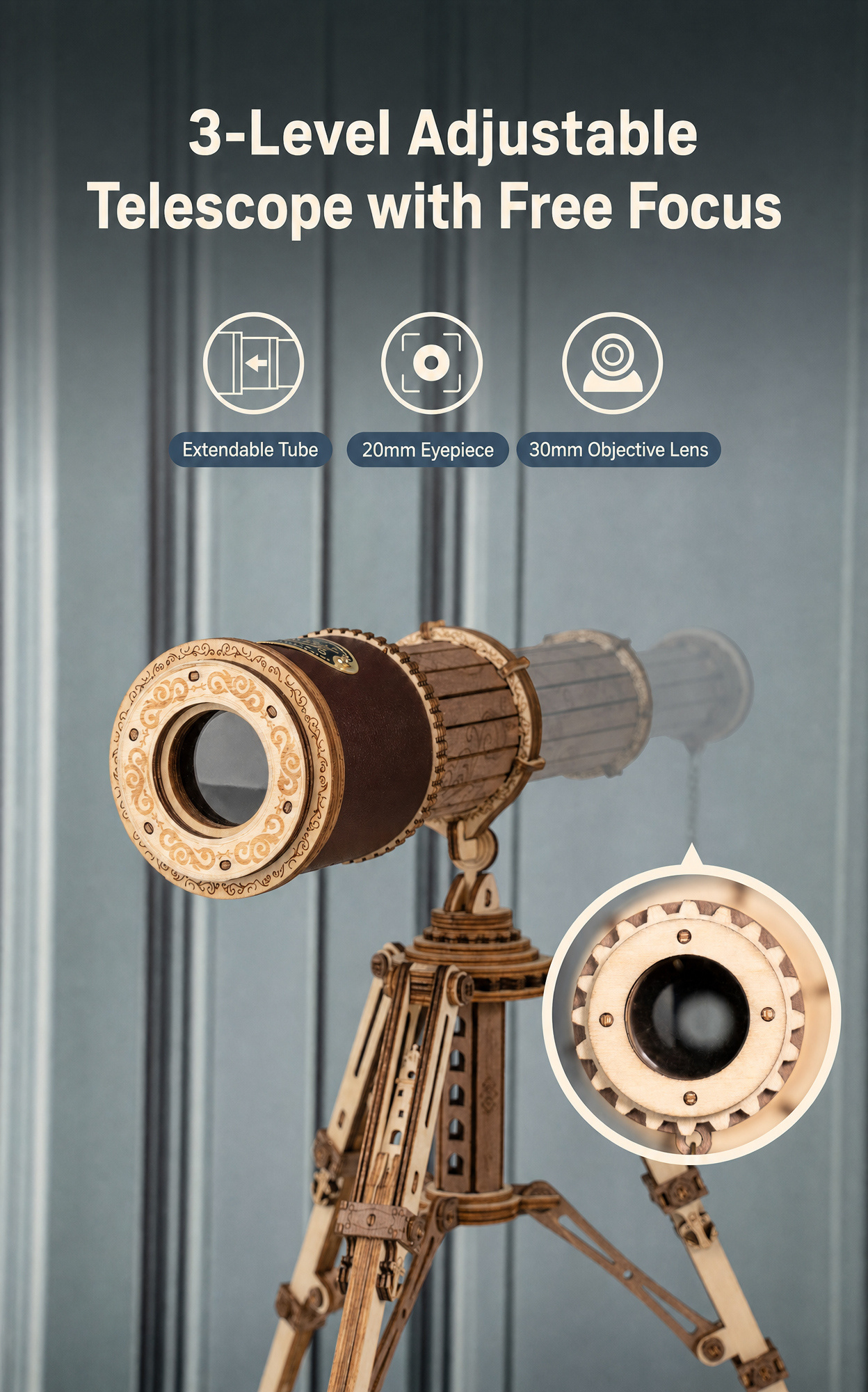 ROKR Monocular Telescope ST004 adjustable telescope with free focus and lens structure details.