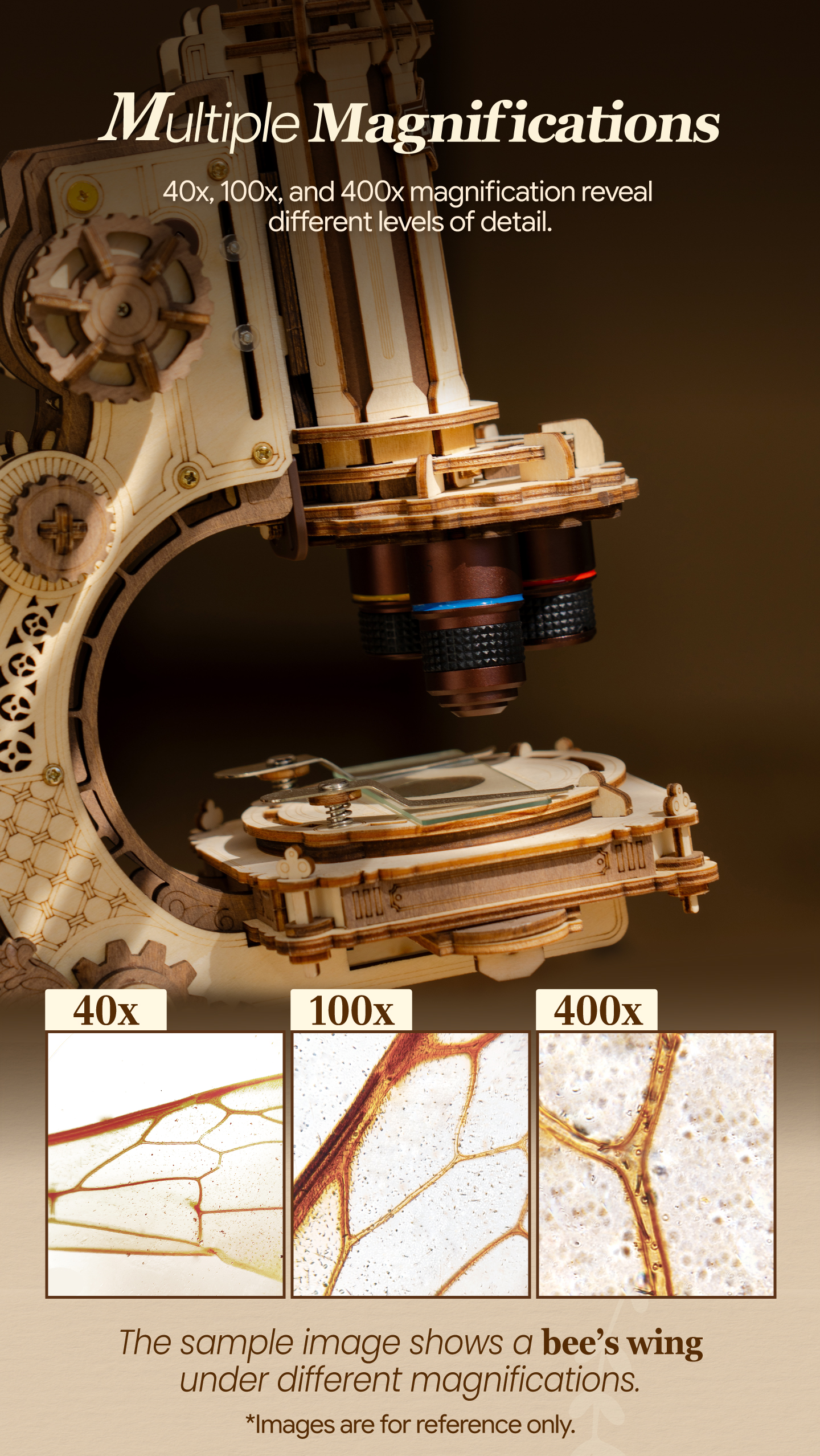 Microscope feature detail panel showing product highlights for SKU ST005