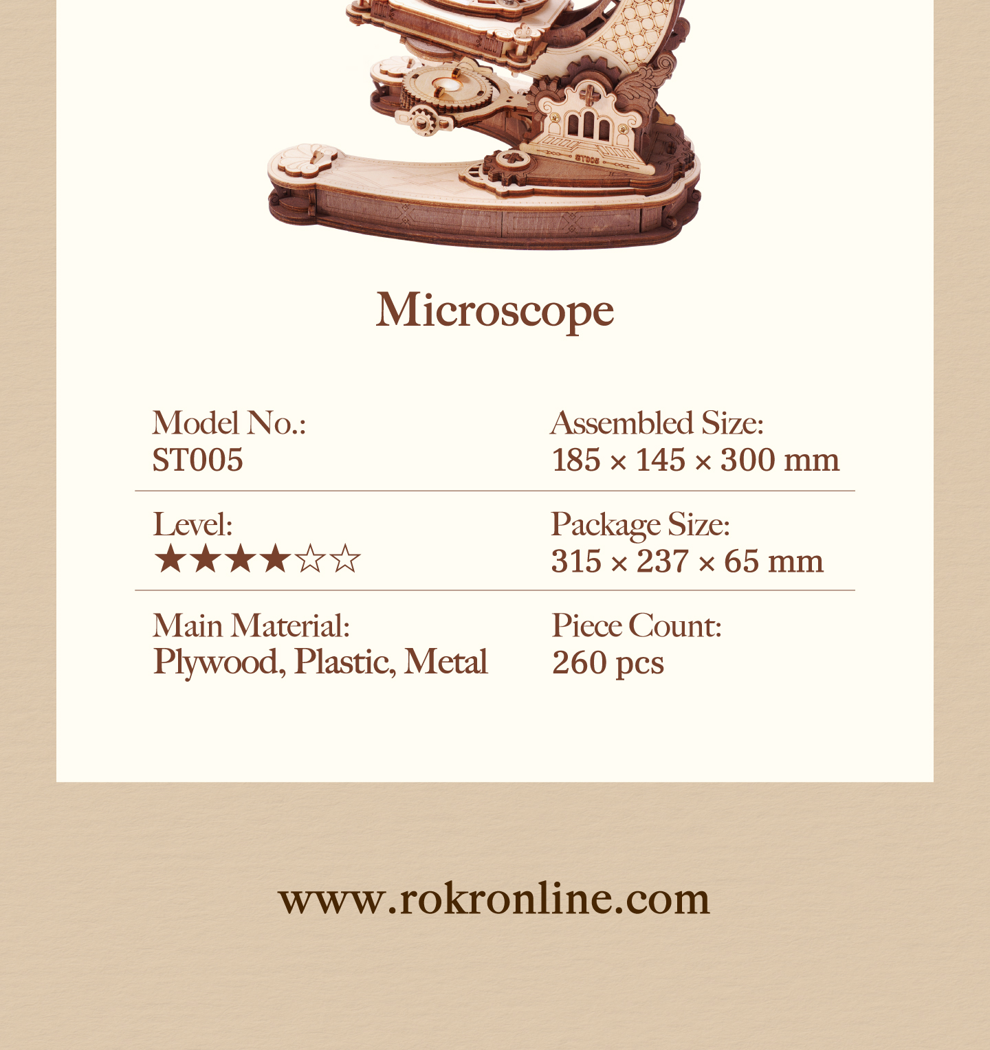 Microscope feature detail panel showing product highlights for SKU ST005