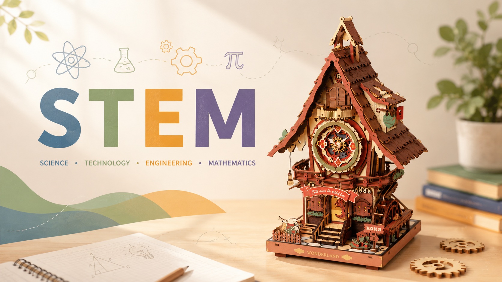 ROKR mechanical cuckoo clock model illustrating STEM education through hands-on learning, engineering, creativity, and problem-solving.