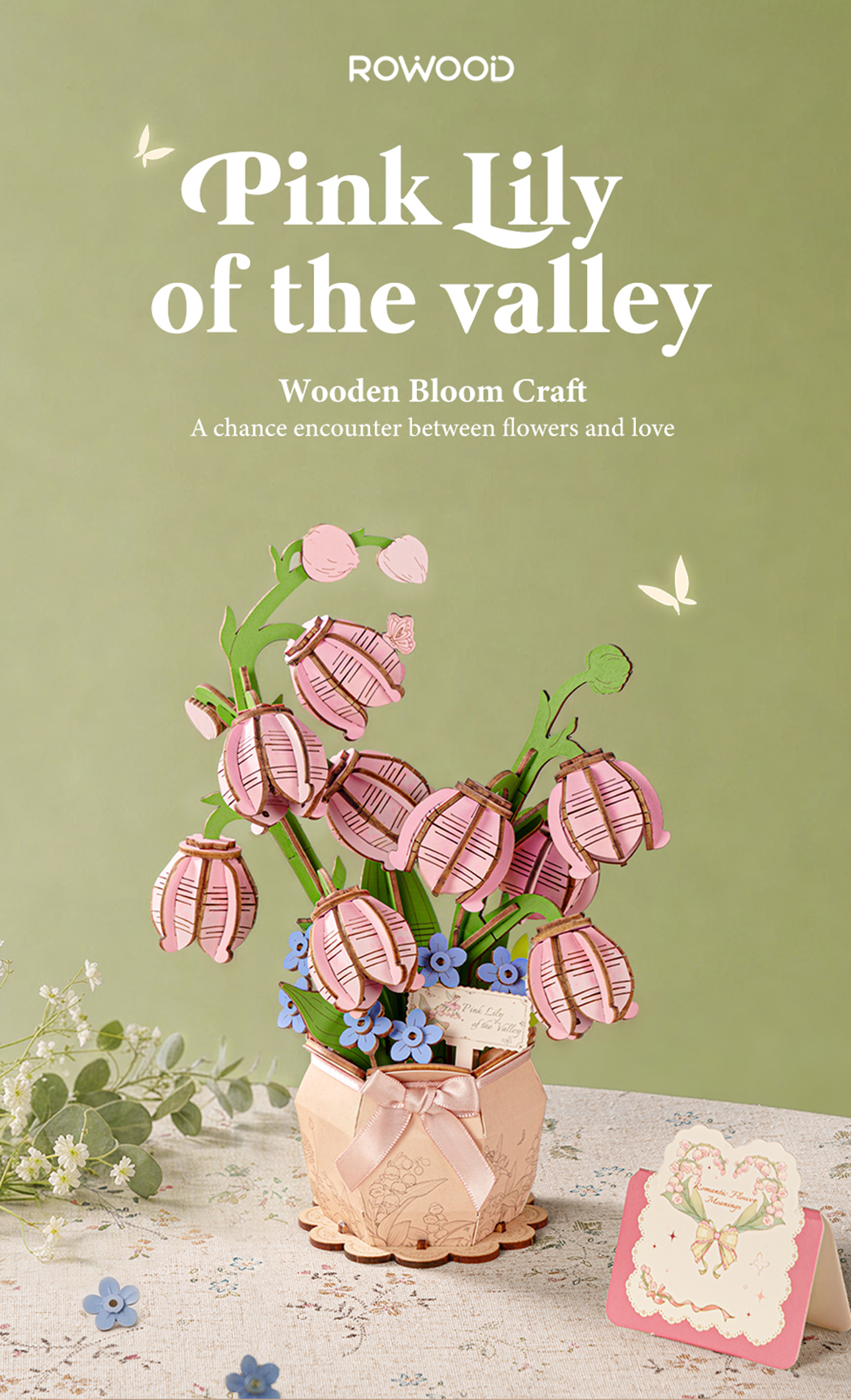 Rowood Pink Lily of the Valley TF003 - Wooden Flower Bouquet DIY Kit finished model and product detail panel for SKU TF003