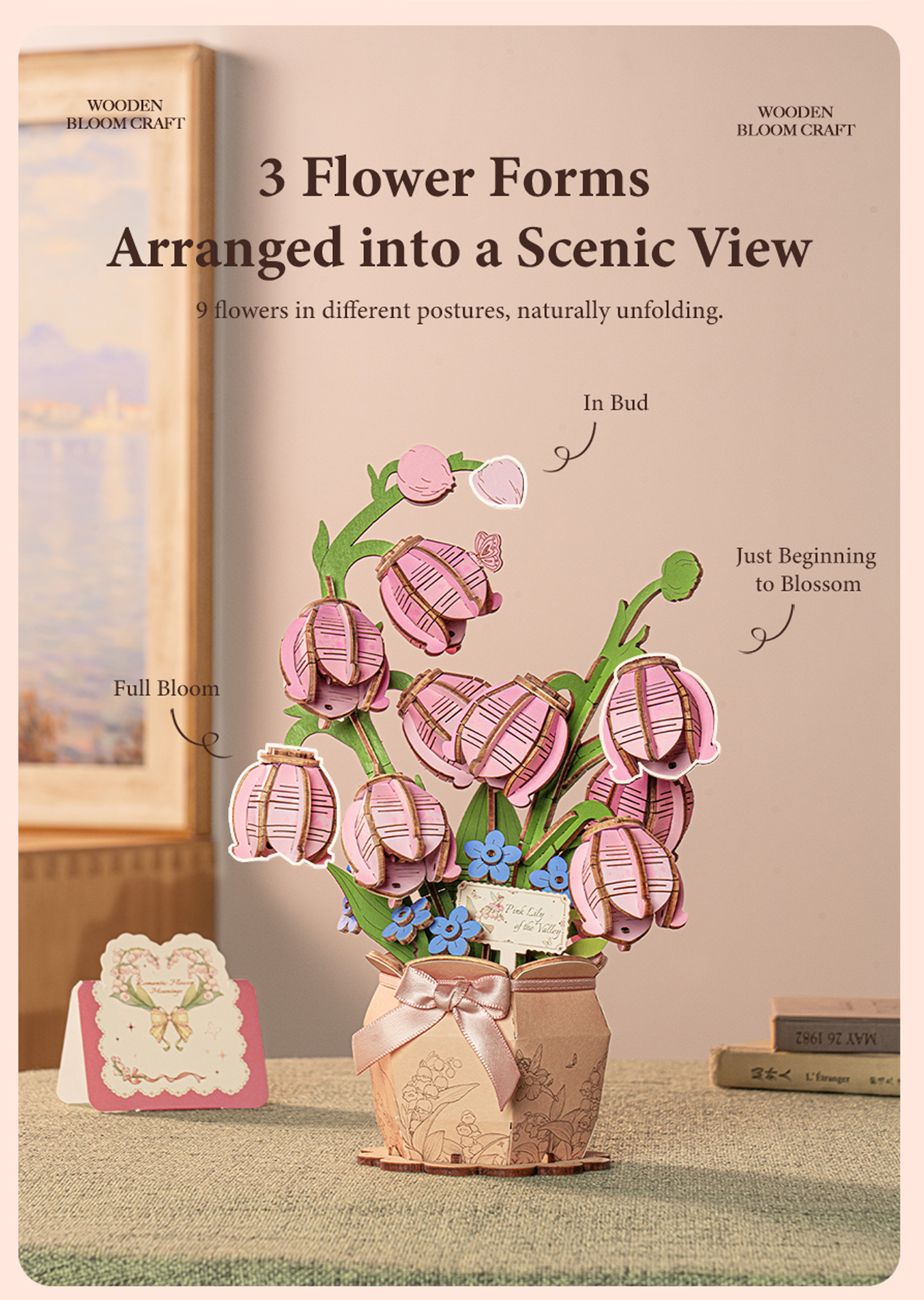 Rowood Pink Lily of the Valley TF003 - Wooden Flower Bouquet DIY Kit finished model and product detail panel for SKU TF003