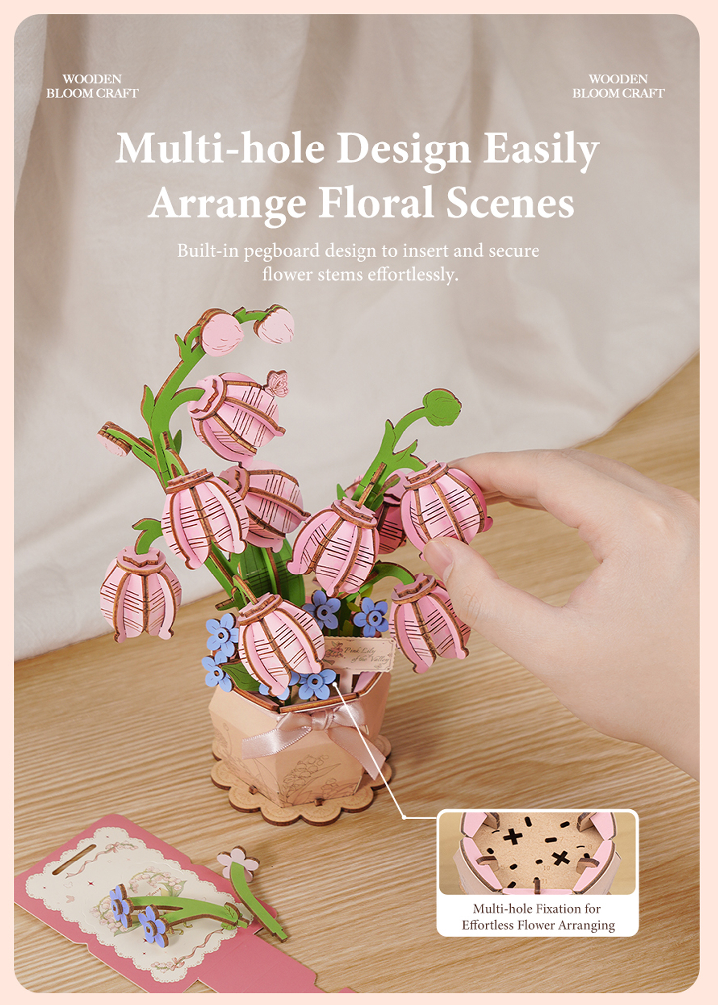 Rowood Pink Lily of the Valley TF003 - Wooden Flower Bouquet DIY Kit finished model and product detail panel for SKU TF003