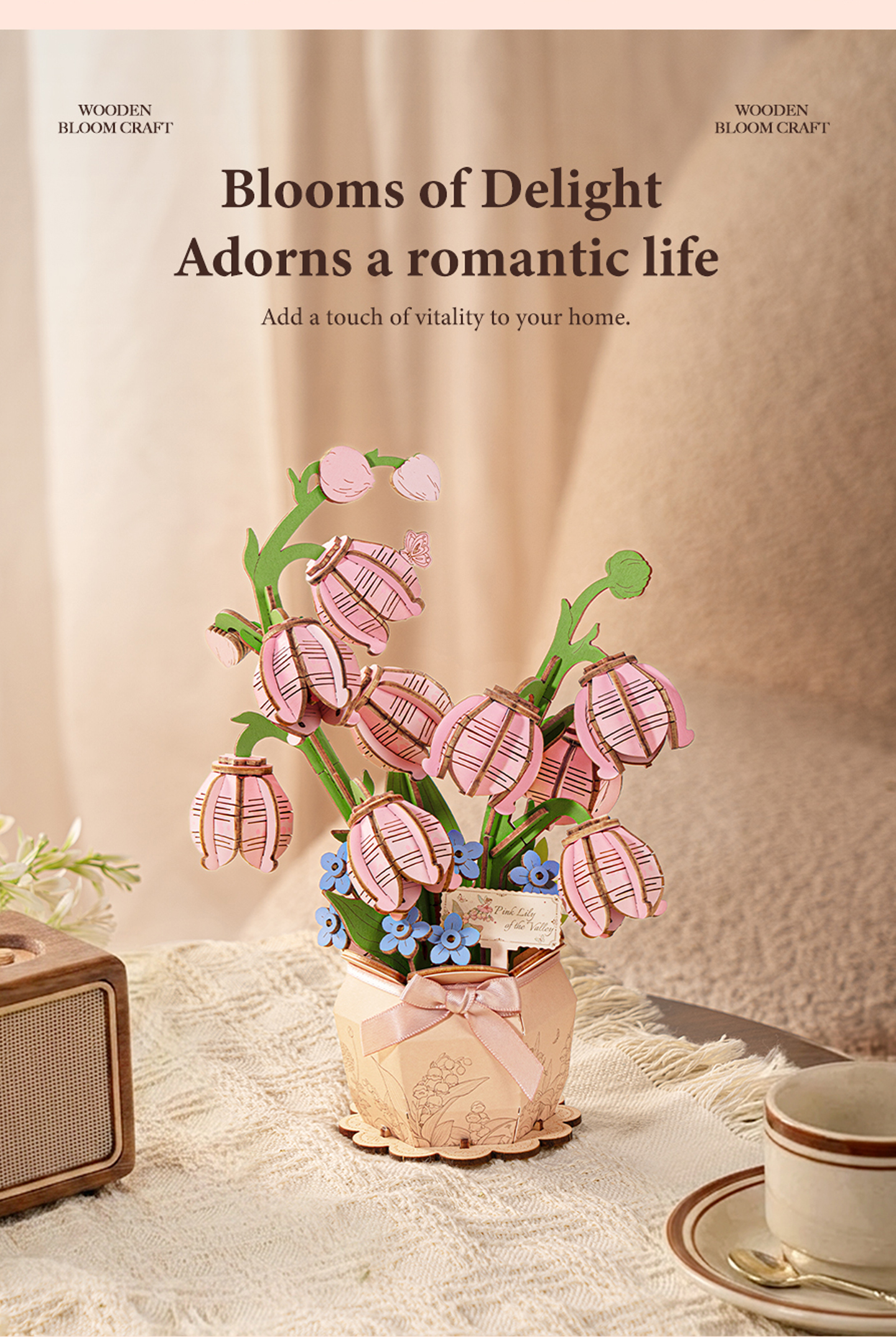 Rowood Pink Lily of the Valley TF003 - Wooden Flower Bouquet DIY Kit finished model and product detail panel for SKU TF003
