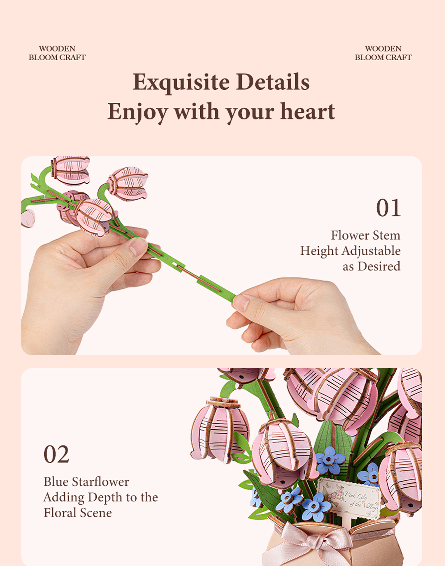 Rowood Pink Lily of the Valley TF003 - Wooden Flower Bouquet DIY Kit finished model and product detail panel for SKU TF003