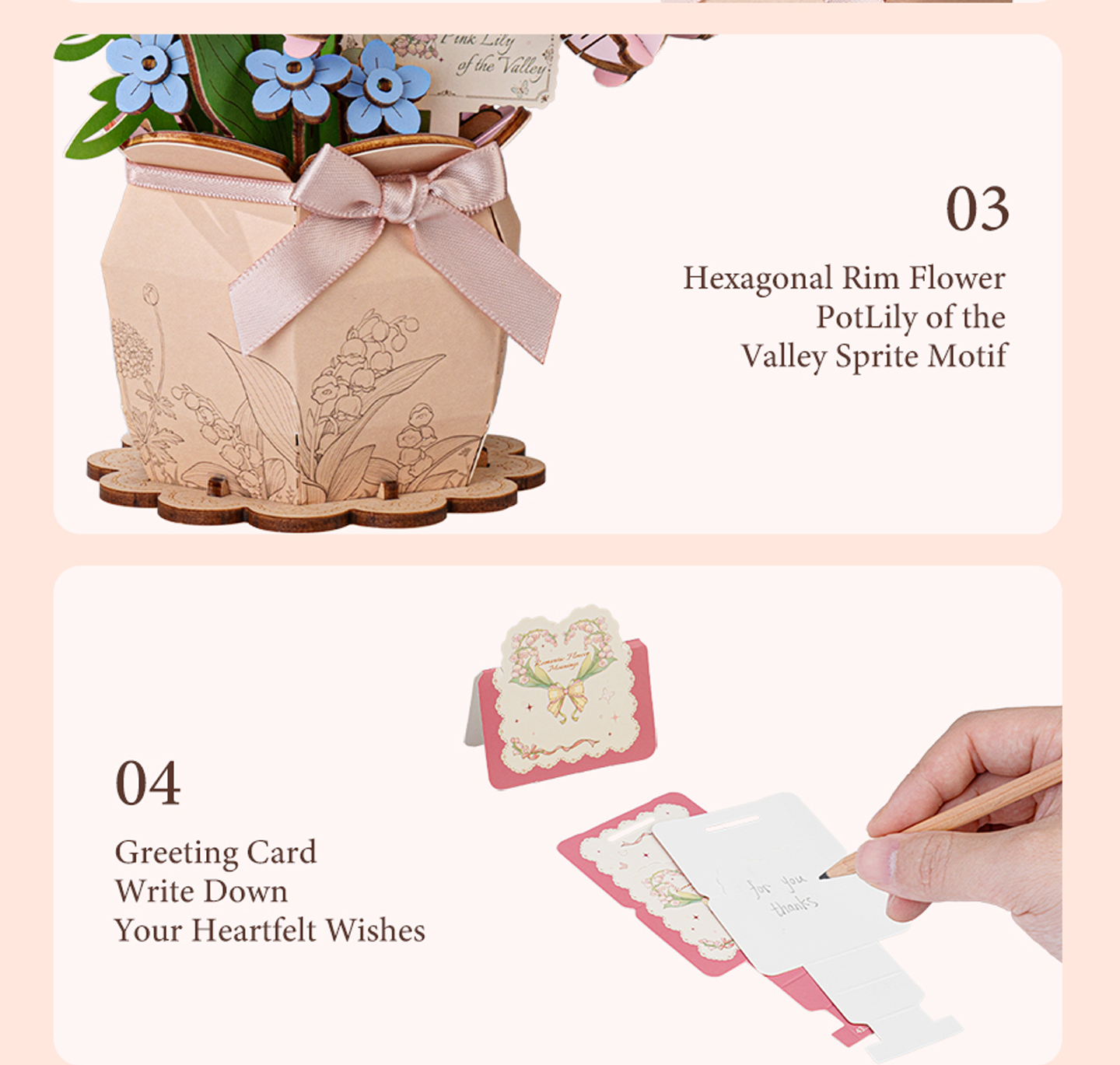 Rowood Pink Lily of the Valley TF003 - Wooden Flower Bouquet DIY Kit finished model and product detail panel for SKU TF003
