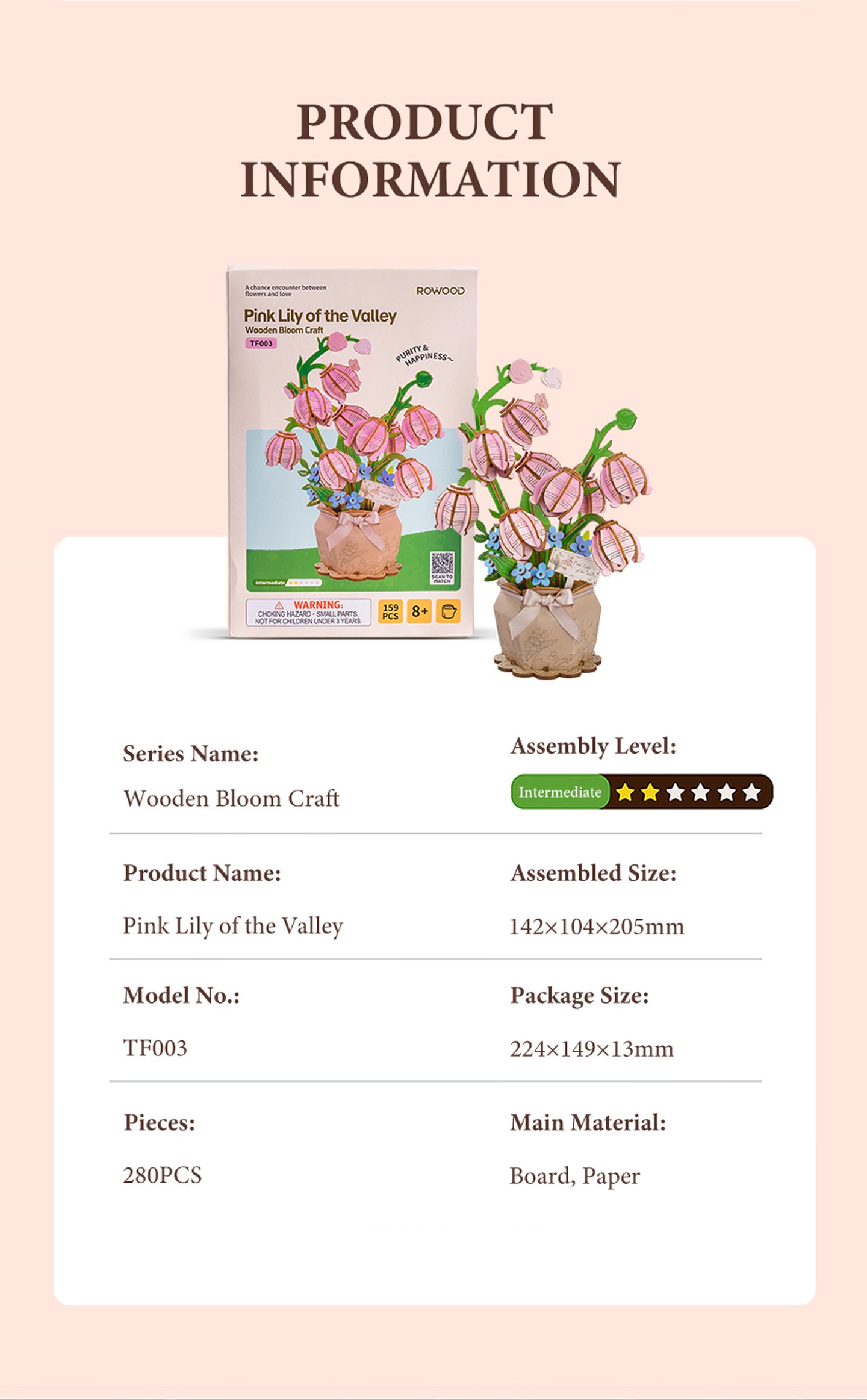 Rowood Pink Lily of the Valley TF003 - Wooden Flower Bouquet DIY Kit finished model and product detail panel for SKU TF003