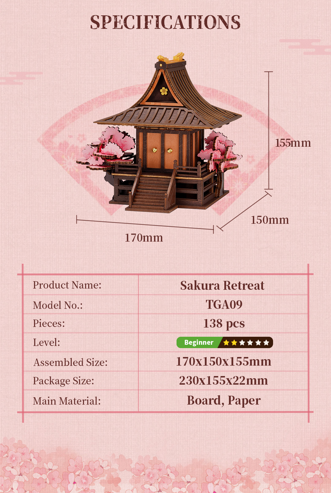 Sakura Retreat TGA09 finished model and product detail panel for SKU TGA09