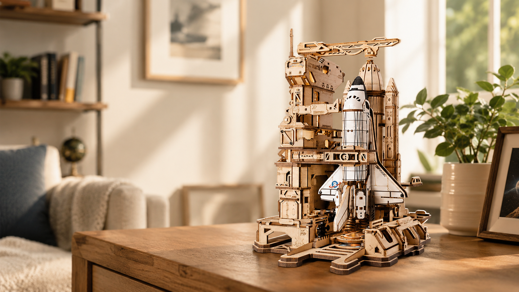 A wooden 3D space shuttle launch platform model displayed on a table in a cozy home interior.