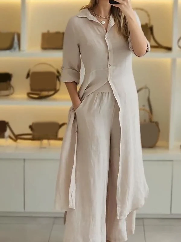 Women Summer Casual Linen Set Elegant Long Sleeve Two-piece Pant Suits