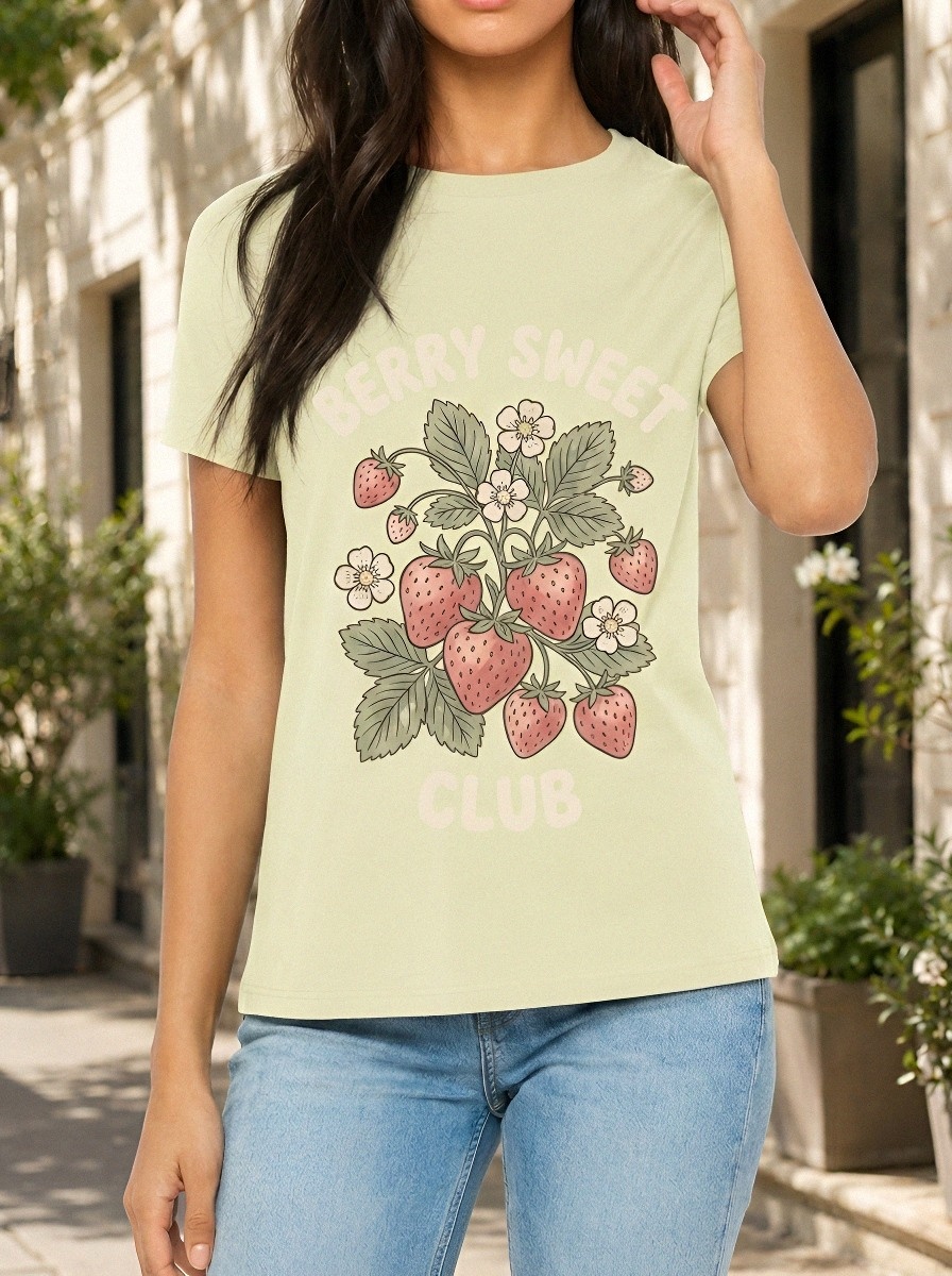 Women's Berry Sweet Club Strawberry Floral Printed T-shirt