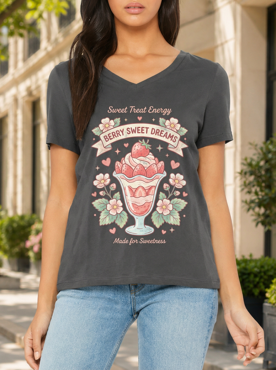 Women's Strawberry Dessert Sweet Dreams Printed V-neck T-shirt