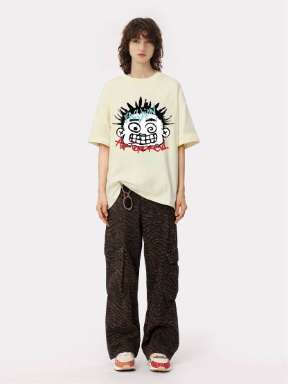 Women's cartoon printed shoulder down T-shirt