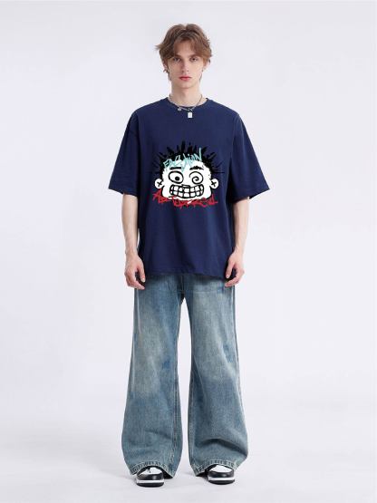 Women's cartoon printed shoulder down T-shirt