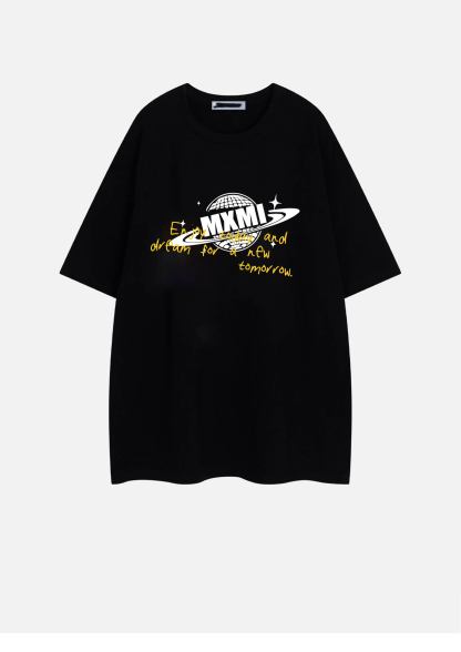 Women's Earth Pattern Printed Shoulder Down T-shirt