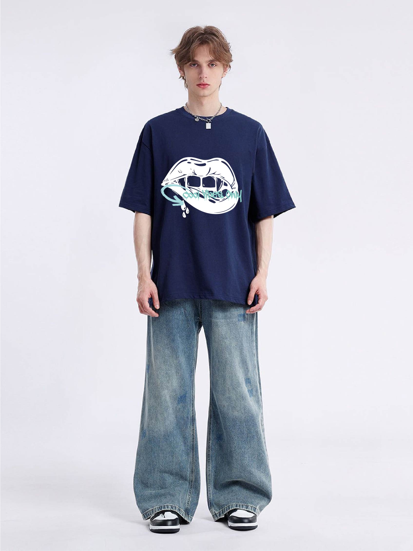 Women's lip print off shoulder sleeve T-shirt