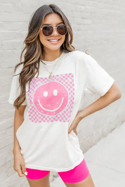 Pink And Teal Checkered Smiley Graphic Tee
