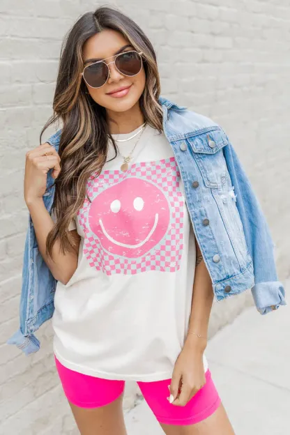 Pink And Teal Checkered Smiley Graphic Tee