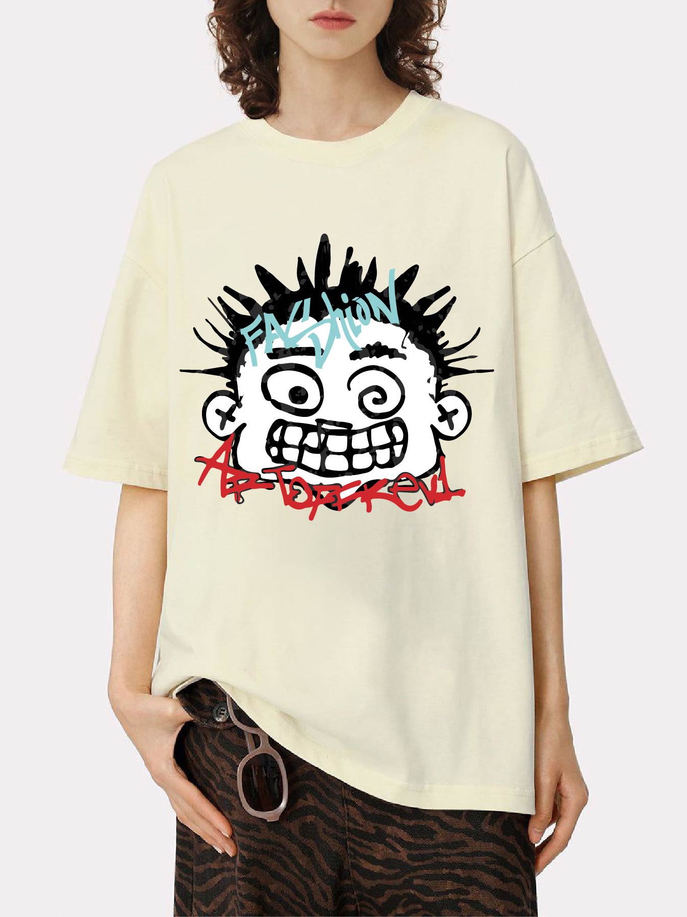 Women's cartoon printed shoulder down T-shirt