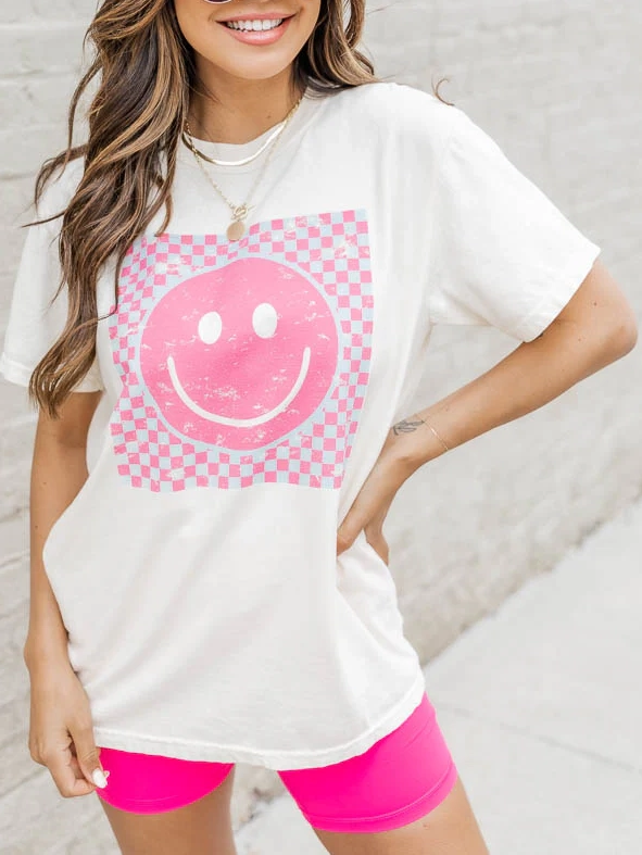 Pink And Teal Checkered Smiley Graphic Tee