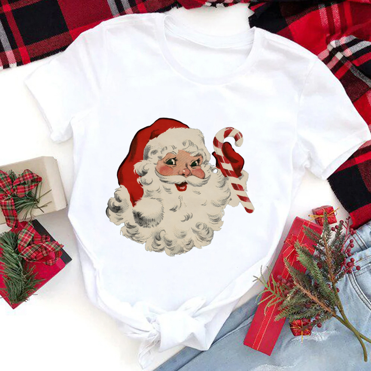 Women's Christmas Round Neck Short Sleeve Printed T-shirt