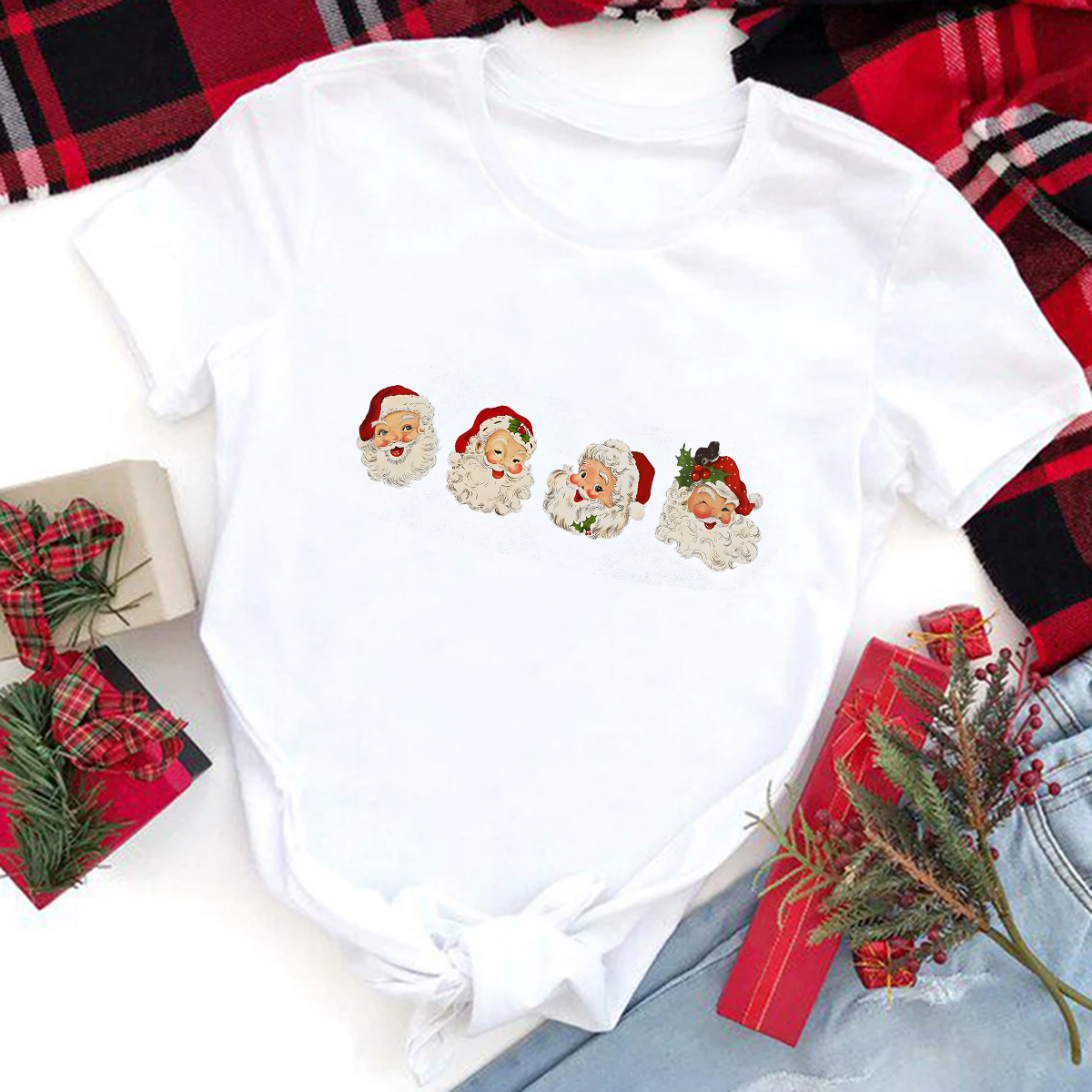 Women's Christmas Round Neck Short Sleeve Printed T-shirt