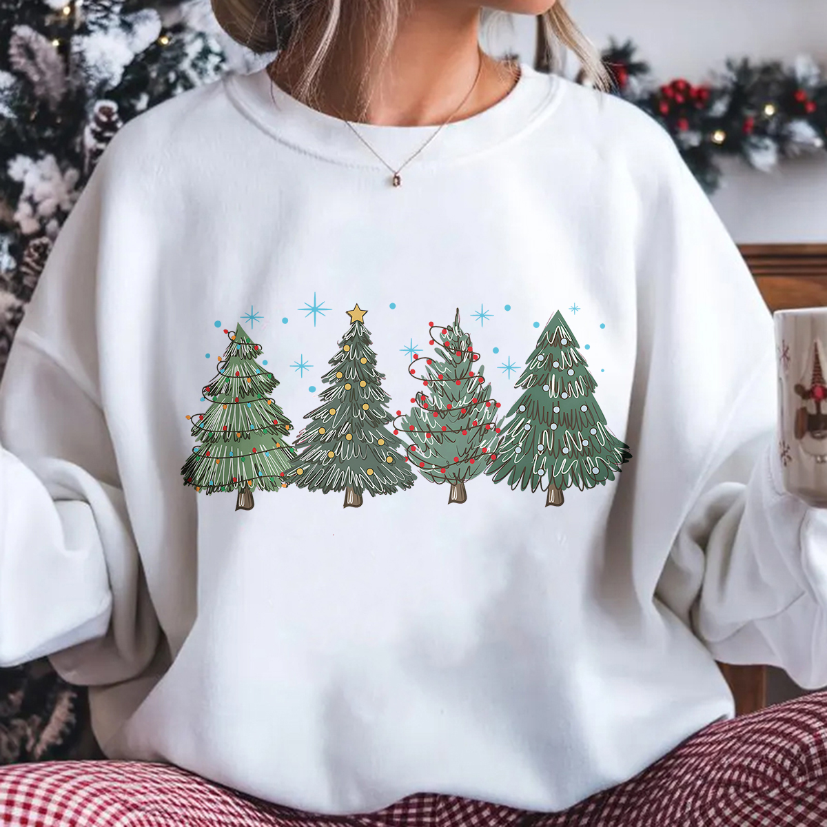  Women's Christmas Tree Printed Round Neck Long Sleeve Sweatshirts