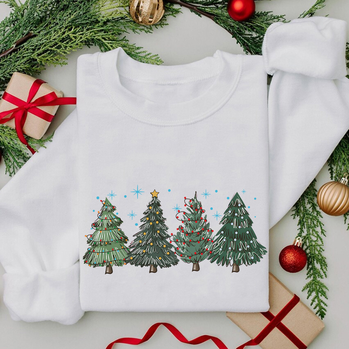  Women's Christmas Tree Printed Round Neck Long Sleeve Sweatshirts