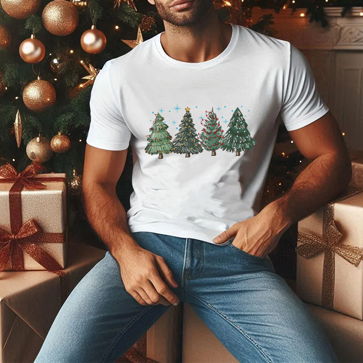 Women's Christmas Tree Round Neck Short Sleeve Printed T-shirt