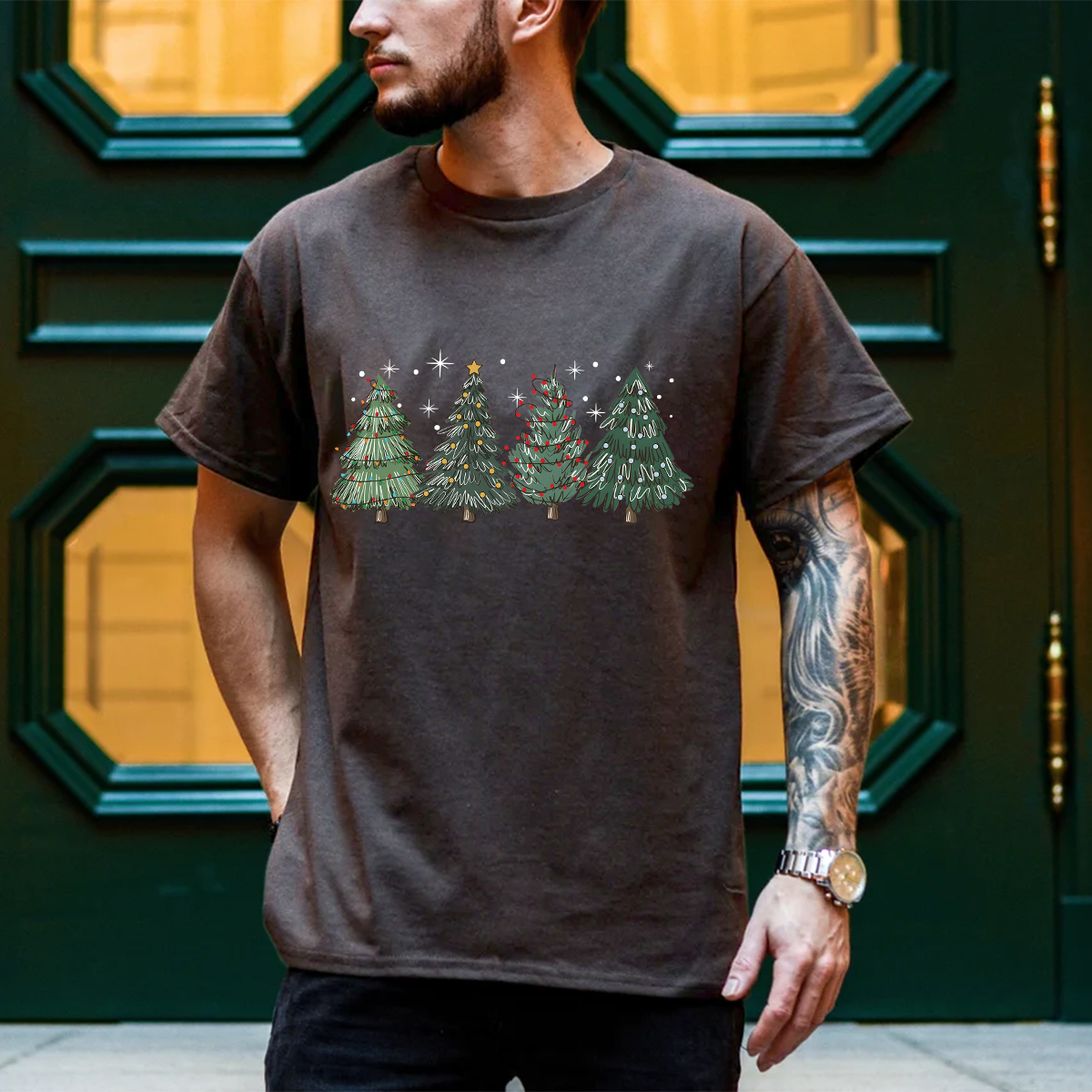 Women's Christmas Tree Round Neck Short Sleeve Printed T-shirt