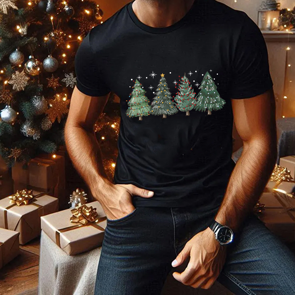 Women's Christmas Tree Round Neck Short Sleeve Printed T-shirt
