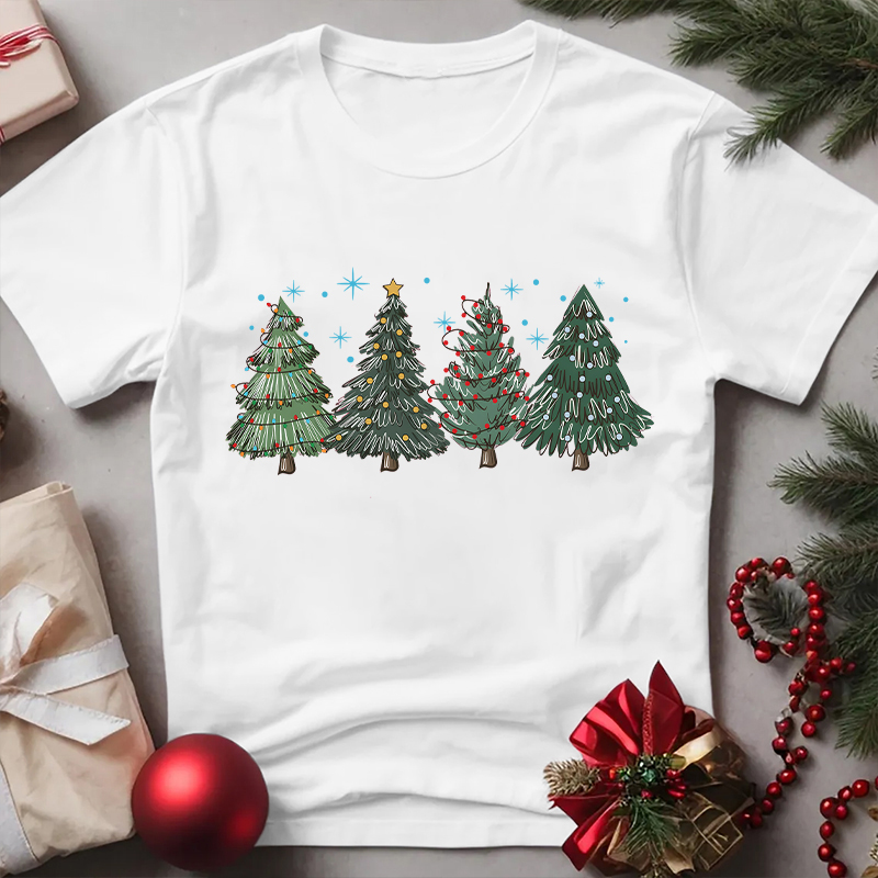 Women's Christmas Tree Round Neck Short Sleeve Printed T-shirt