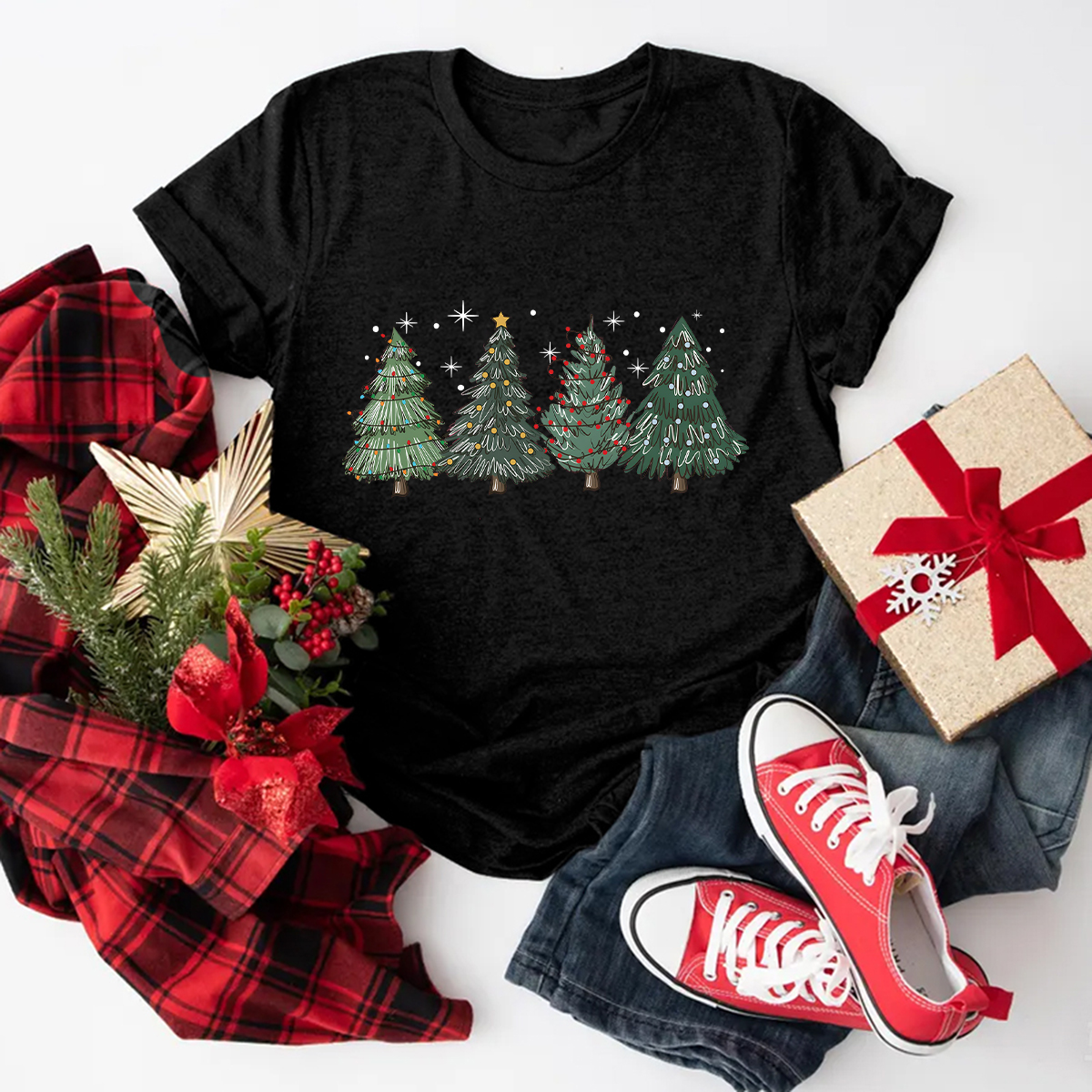 Women's Christmas Tree Round Neck Short Sleeve Printed T-shirt
