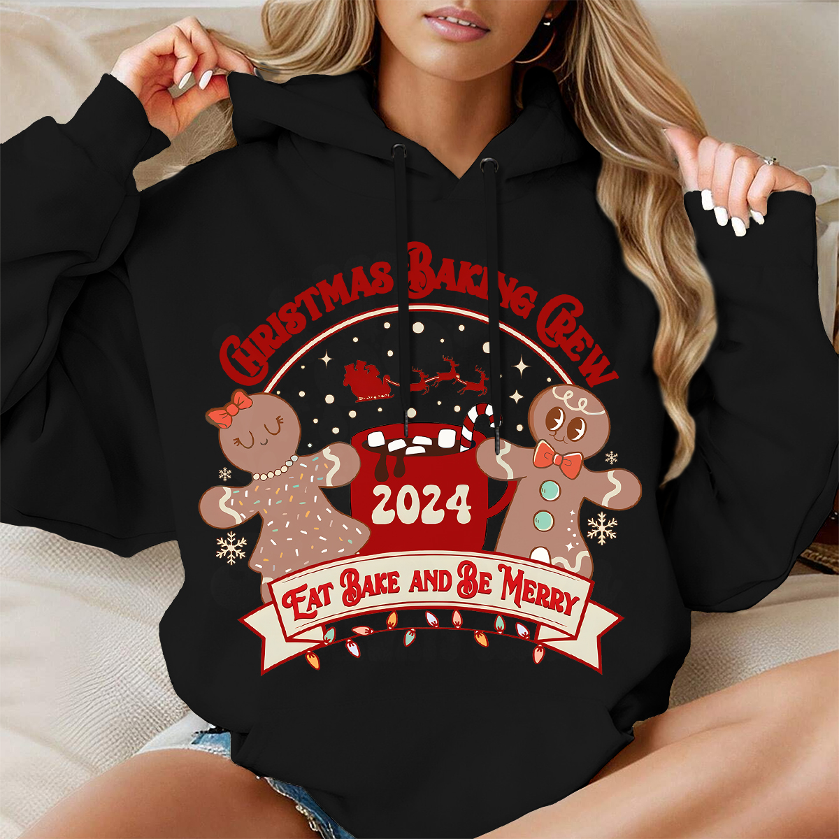 Gingerbread Christmas Baking Crew 2024 Long Sleeve Hooded Pocket Pullover Hoodie 02