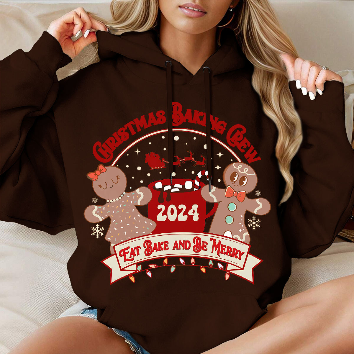 Gingerbread Christmas Baking Crew 2024 Long Sleeve Hooded Pocket Pullover Hoodie 02