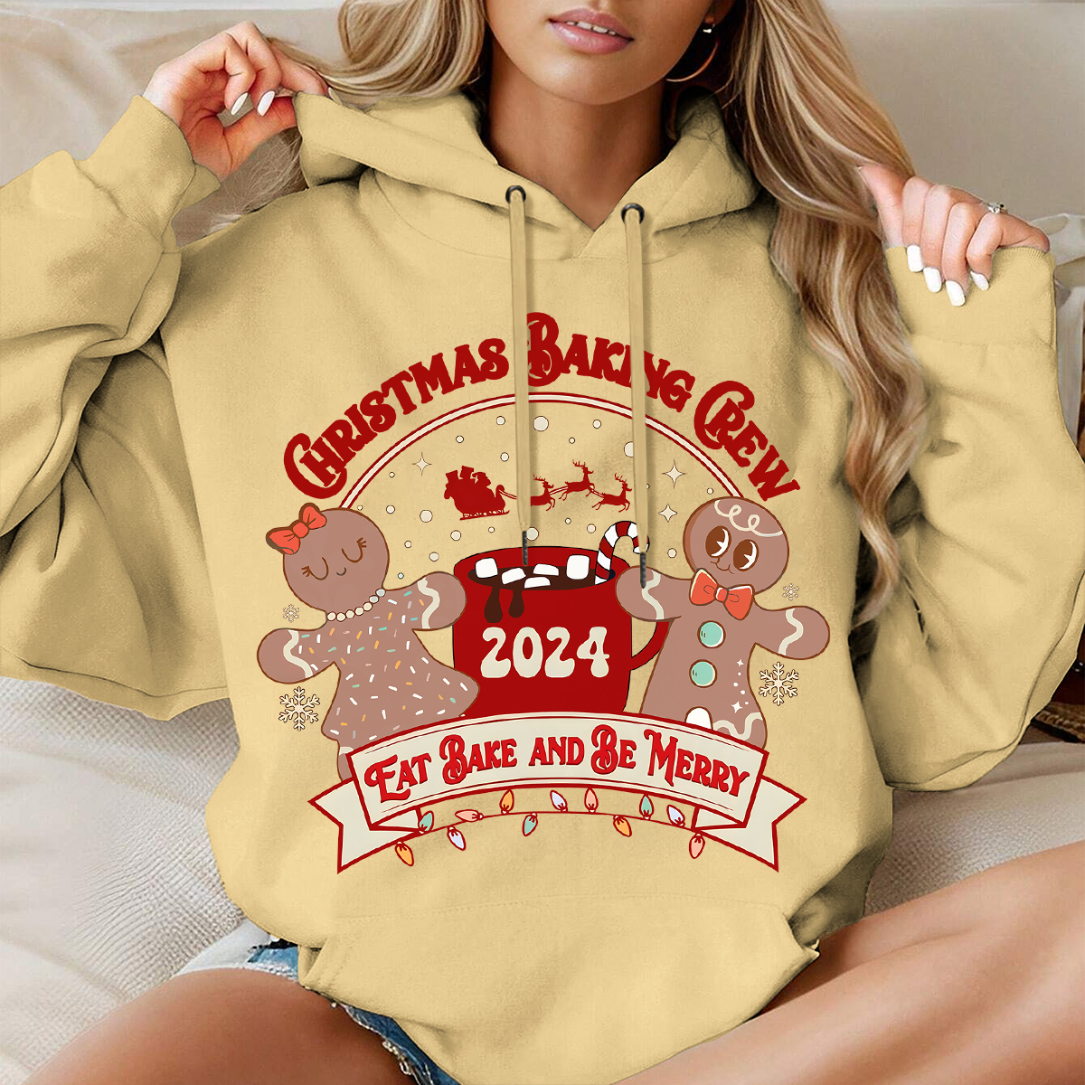 Gingerbread Christmas Baking Crew 2024 Long Sleeve Hooded Pocket Pullo