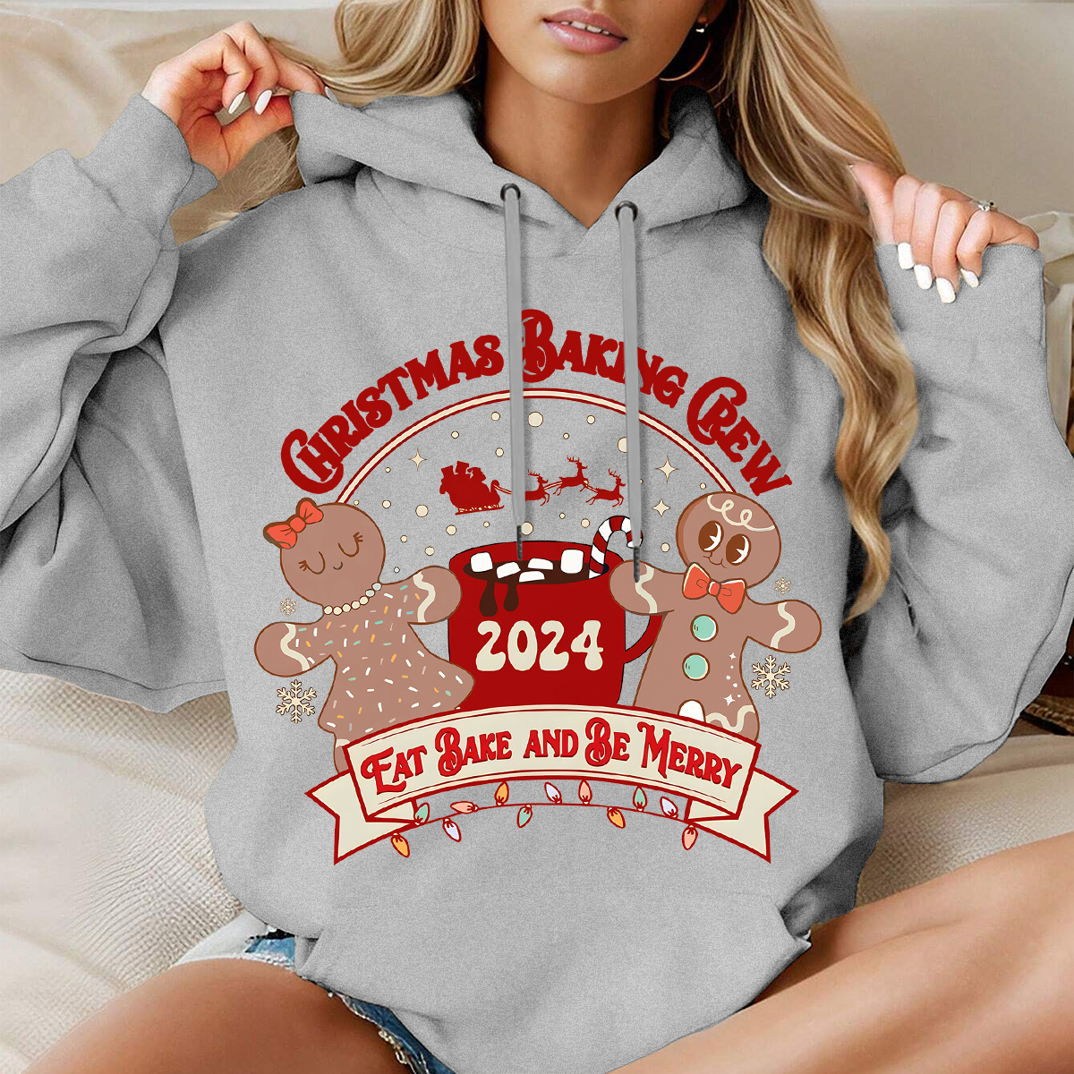Gingerbread Christmas Baking Crew 2024 Long Sleeve Hooded Pocket Pullover Hoodie 02