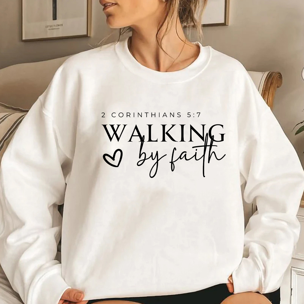 Walking By Faith Printed Round Neck Long Sleeve Sweatshirts