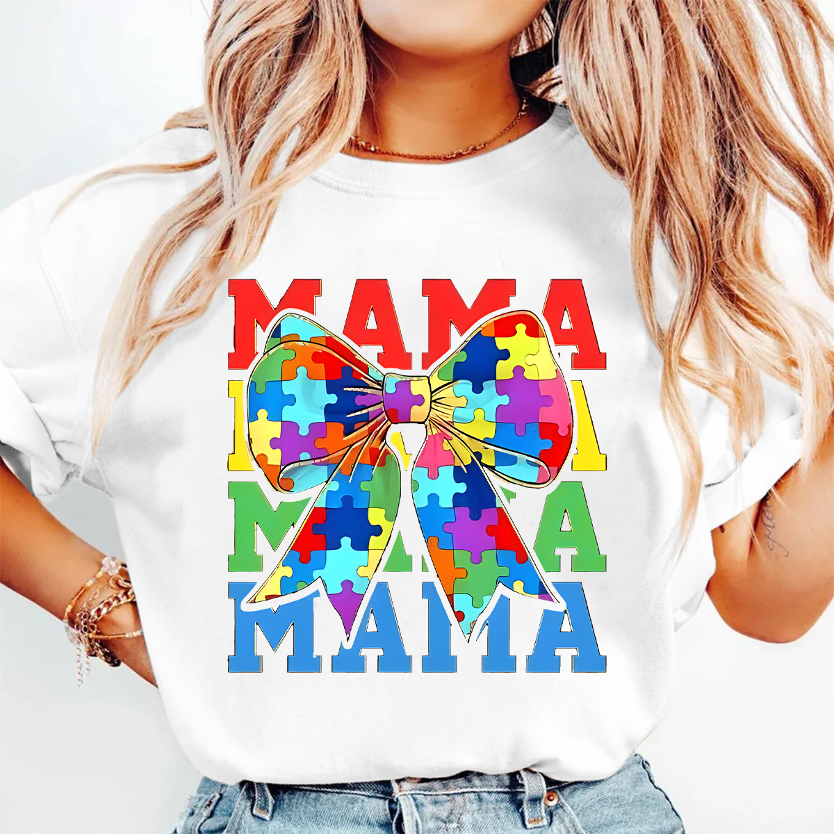 Autism Mama Print Round Neck Short Sleeve T-Shirt
