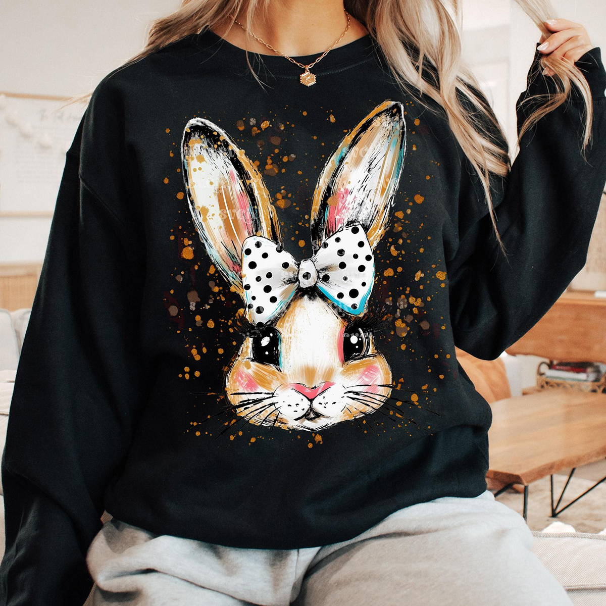 Easter Hand Drawn Bunny Printed Round Neck Long Sleeve Sweatshirts