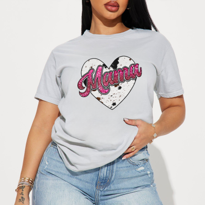 Casual T-Shirt With A Cow-Patterned Heart Pattern And A Shiny Rose-Red "Mama" Slogan.
