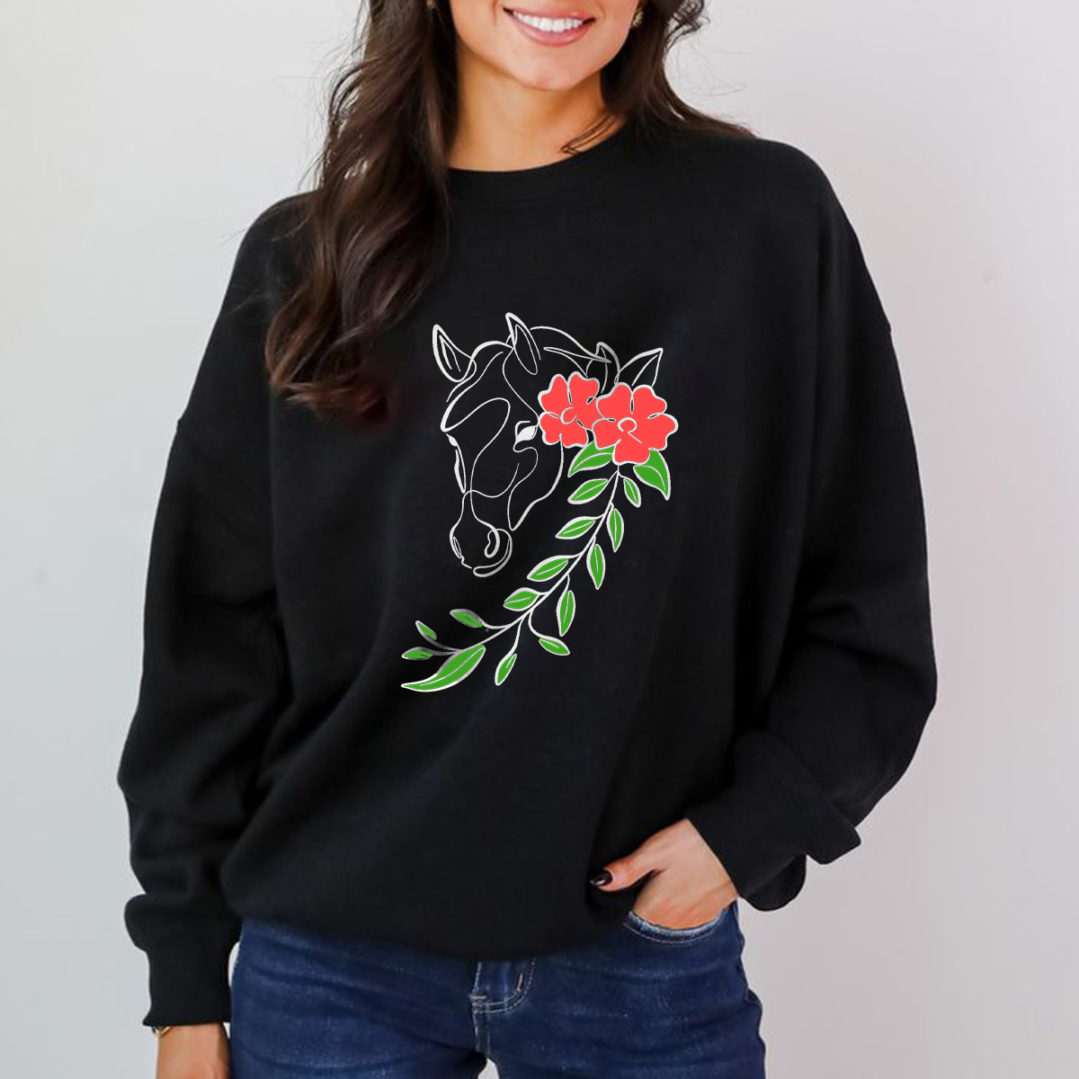 The Horse'S Head Is Decorated With Red Flowers And Green Branches And Leaves, Casual Sports Shirts And Round Neck Sweatshirts.