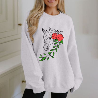 The Horse'S Head Is Decorated With Red Flowers And Green Branches And Leaves, Casual Sports Shirts And Round Neck Sweatshirts.