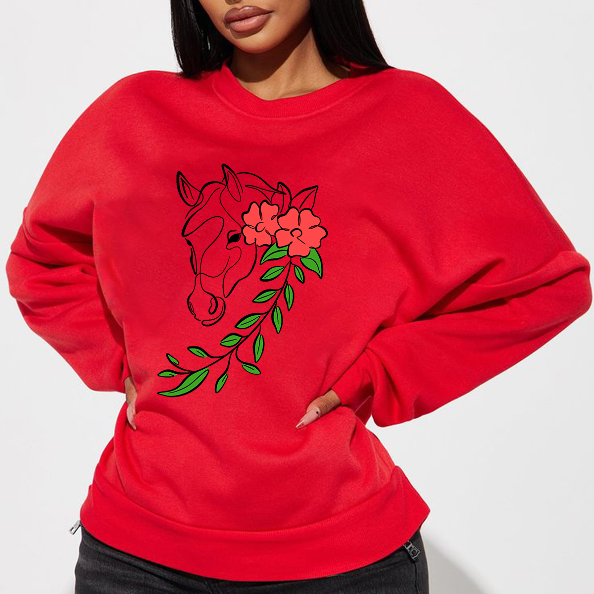 The Horse'S Head Is Decorated With Red Flowers And Green Branches And Leaves, Casual Sports Shirts And Round Neck Sweatshirts.