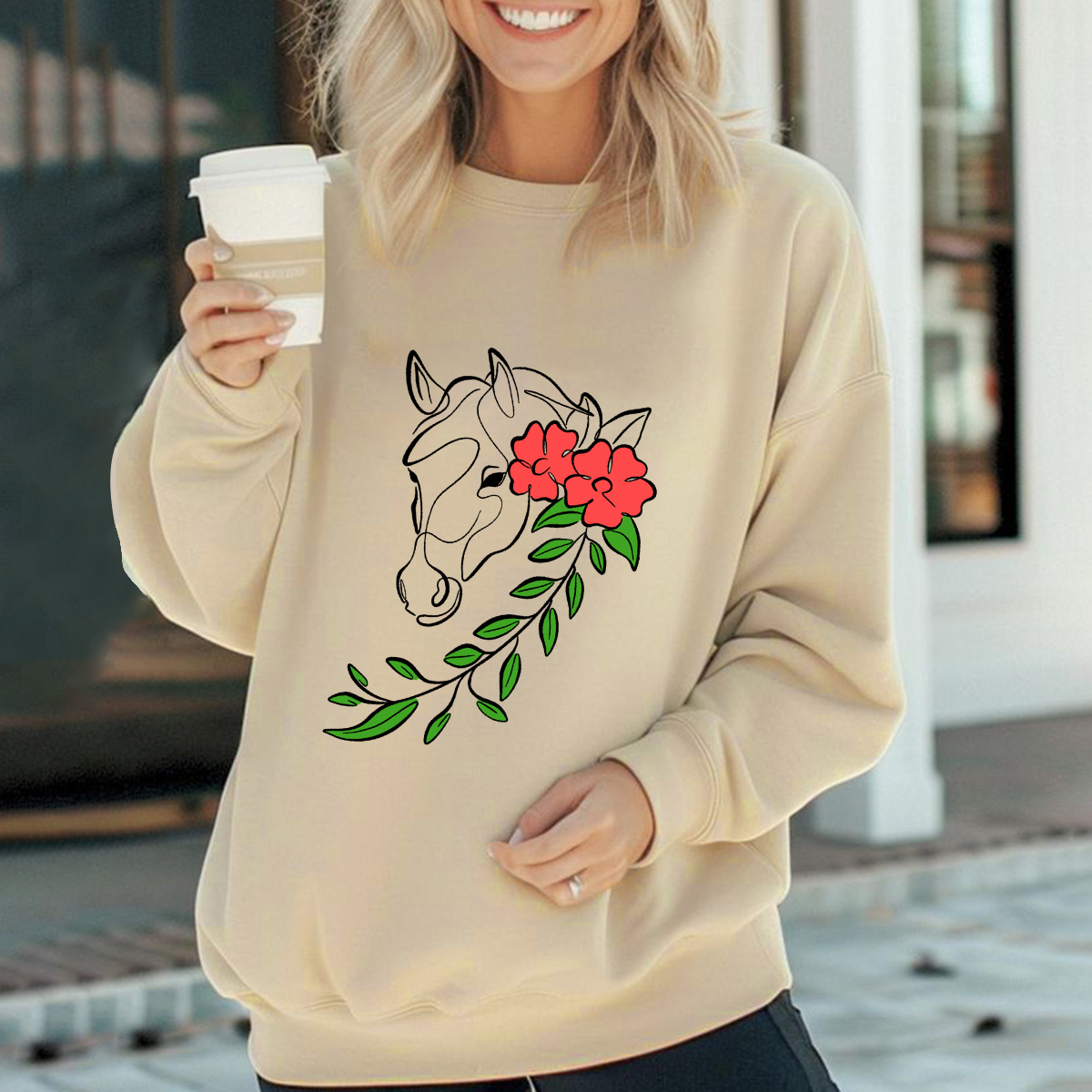 The Horse'S Head Is Decorated With Red Flowers And Green Branches And Leaves, Casual Sports Shirts And Round Neck Sweatshirts.