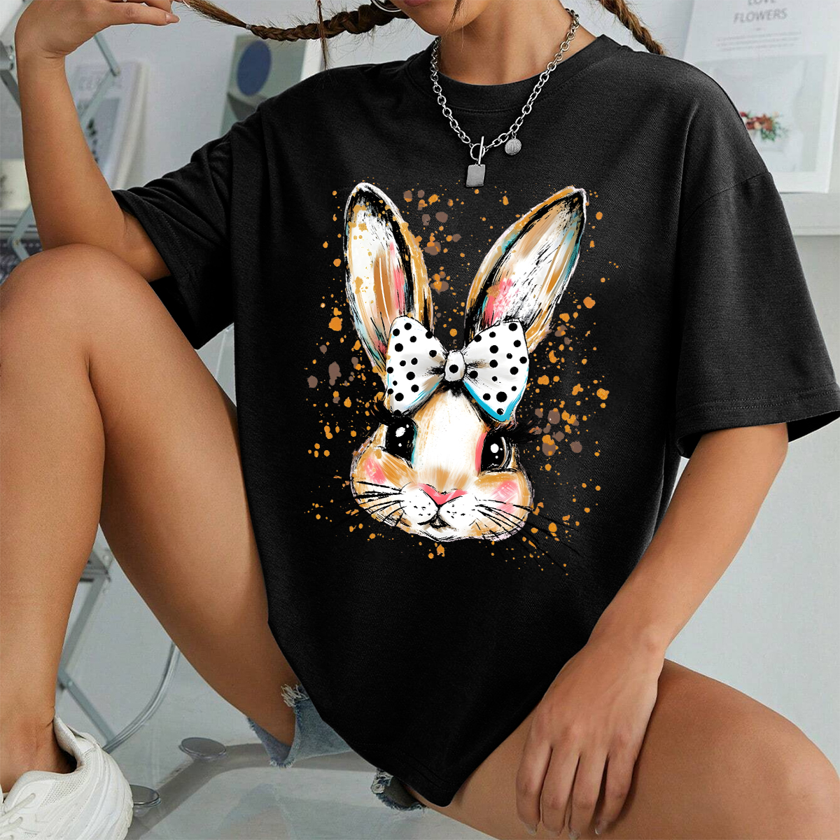 Easter Hand Drawn Bunny Printed Round Neck Short Sleeve T-Shirt