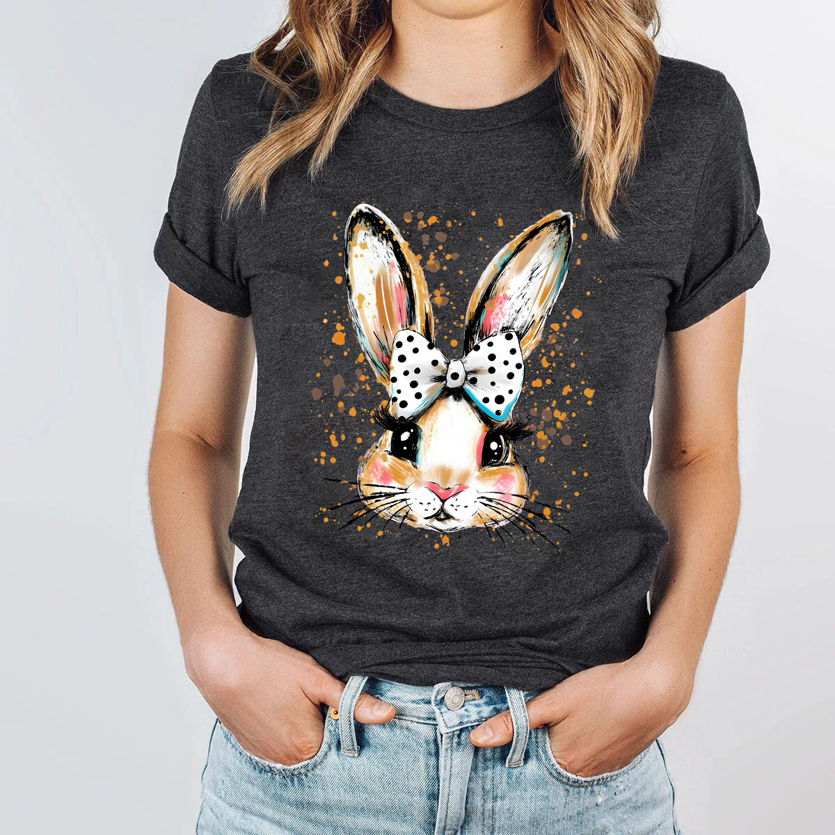 Easter Hand Drawn Bunny Printed Round Neck Short Sleeve T-Shirt