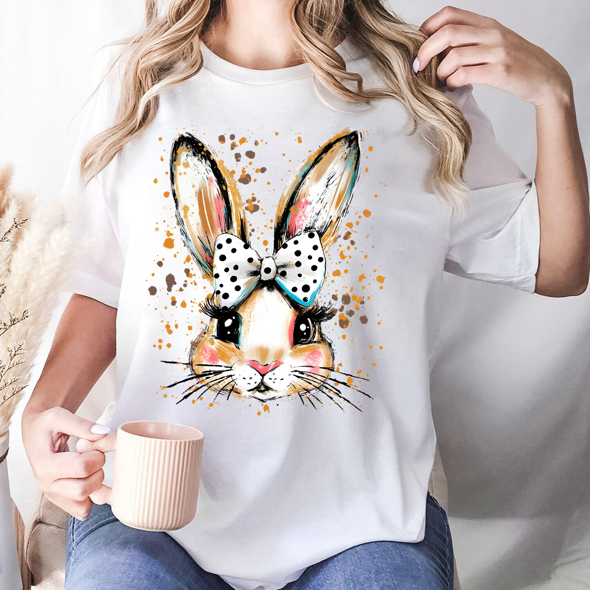 Easter Hand Drawn Bunny Printed Round Neck Short Sleeve T-Shirt