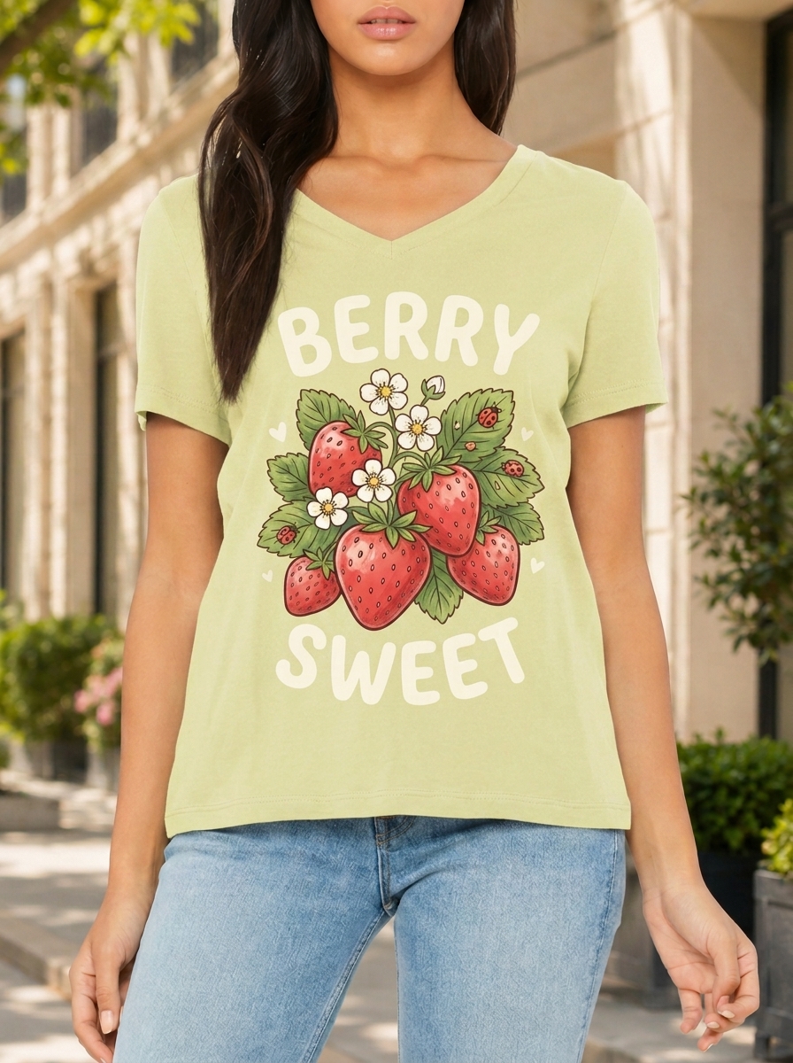 Women's Berry Sweet Strawberry Floral Printed V-neck T-shirt